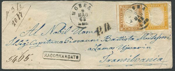 1863,Sardegna, Lettera da Modena a Szàmos Ujvàr (Transilvania) con francobolli (IV emissione, 10c. bistro (14E) e 80c. arancio carico (17D)
