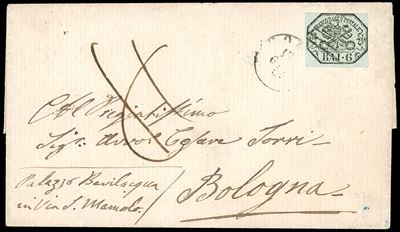 Francobollo del Pontificato, 6 baj grigio verdastro su lettera, Roma 17/6/1859 a Bologna