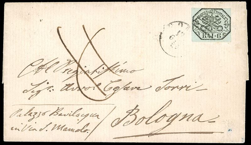 1859, Romagne amministrazione postale post-Pontificia, Sovracoperta da Roma per Bologna affrancata con 6 baj grigio verdasctro (7) pontificio  - Auction Postal History and Philately - Cambi Casa d'Aste
