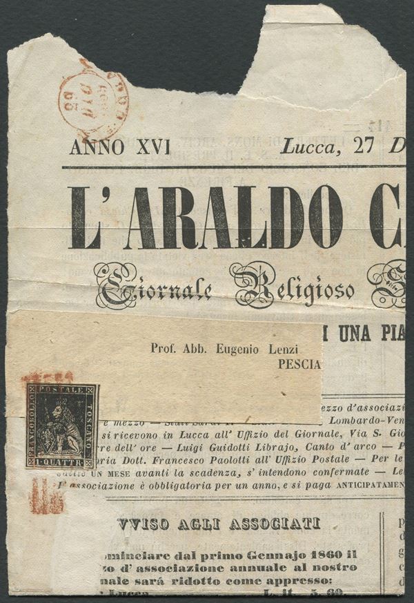 1859, Toscana, Giornale “L’Araldo Cattolico” del 27 dicembre da Lucca a Pescia affrancato su parte di fascetta con, 1857, 1 quattrino nero “Marzocco” (10)
