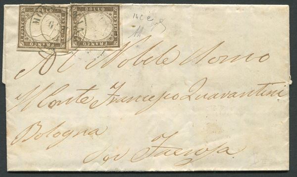 1861. Toscana. Lettera da Monsummano a Faenza affrancata con due francobolli sardi, 1861, 10c. bruno cioccolato scuro (14Ce)