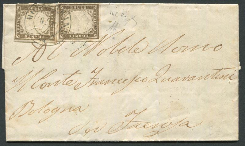 1861. Toscana. Lettera da Monsummano a Faenza affrancata con due francobolli sardi, 1861, 10c. bruno cioccolato scuro (14Ce)  - Auction Postal History and Philately - Cambi Casa d'Aste