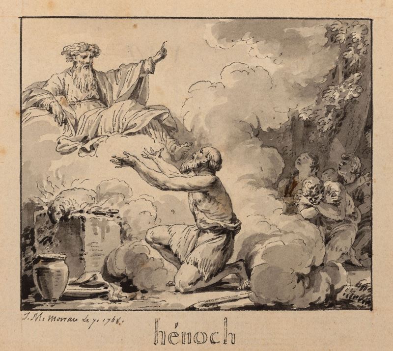 Jean-Michel Moreau : Sacrificio di Enoch  - penna, inchiostro grigio e acquerello su carta - Asta Disegni Antichi - I - Cambi Casa d'Aste