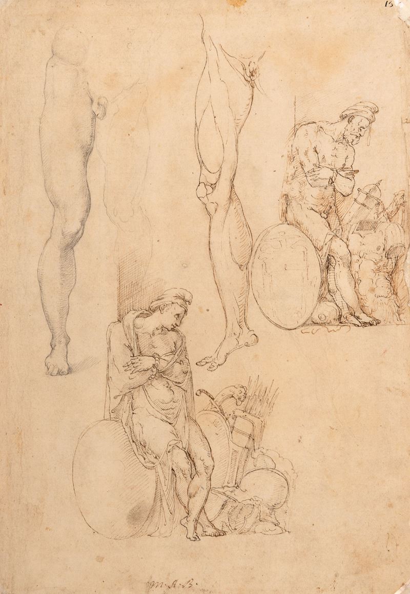 Antonio Campi : Studi di figure e anatomici  - matita nera, penna e inchiostro bruno su carta - Auction Antique Drawings - I - Cambi Casa d'Aste