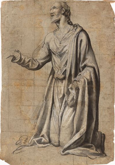 Studio per la figura di Gesù nell'Orto del Getsemani, inchiostro grigio, biacca e acquerello su c...