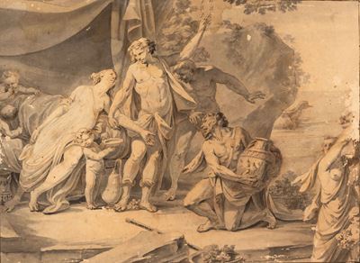 Bacco e Arianna, penna, inchiostro bruno e acquerello grigio su carta