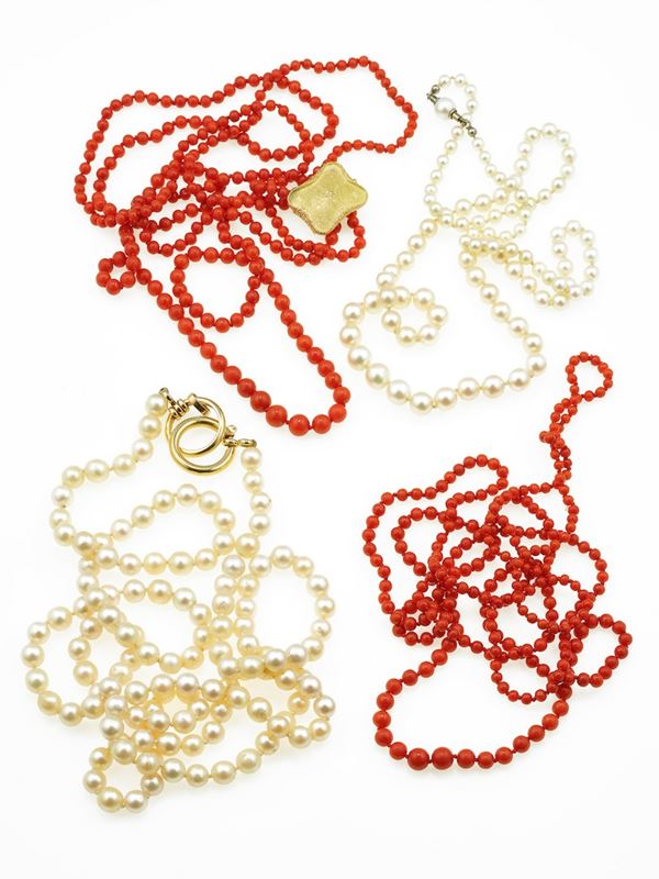 Two coral and two cultured pearl necklaces