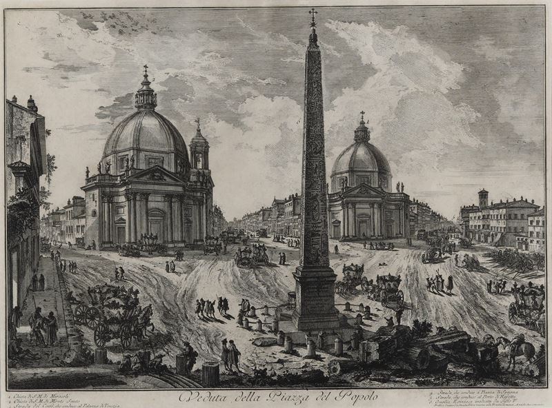 Giovanni Batista Piranesi (Mogliano Veneto, 4 ottobre 1720 – Roma, 9 novembre 1778) Veduta di Piazza del Popolo. Presumibilmente Roma, II metà del XVIII secolo  - Auction Prints - Cambi Casa d'Aste