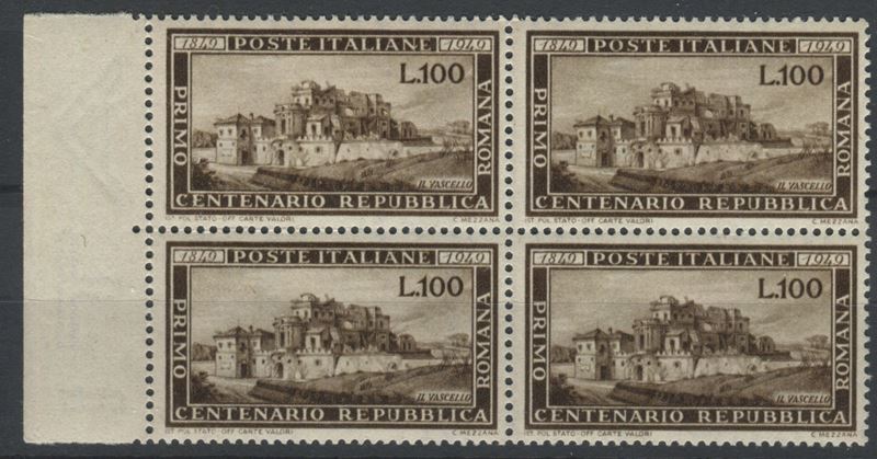 1949, Repubblica italiana, 100 lire Rep. Romana, quartina bdf (600)  - Auction Postal History and Philately - Cambi Casa d'Aste