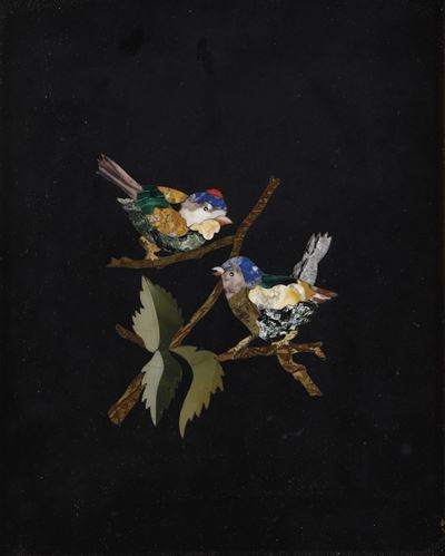 Placca Pietre Dure Policrome Raffigurante Uccellini su Ramo, Firenze, XIX-XX Secolo