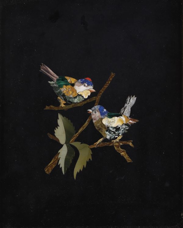 Placca pietre dure policrome raffigurante uccellini su ramo, Firenze, XIX-XX secolo