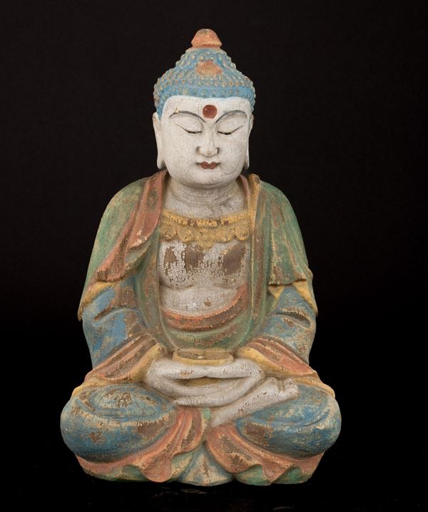 Figura di Buddha Amitayus in legno policromo, Tibet, XIX secolo