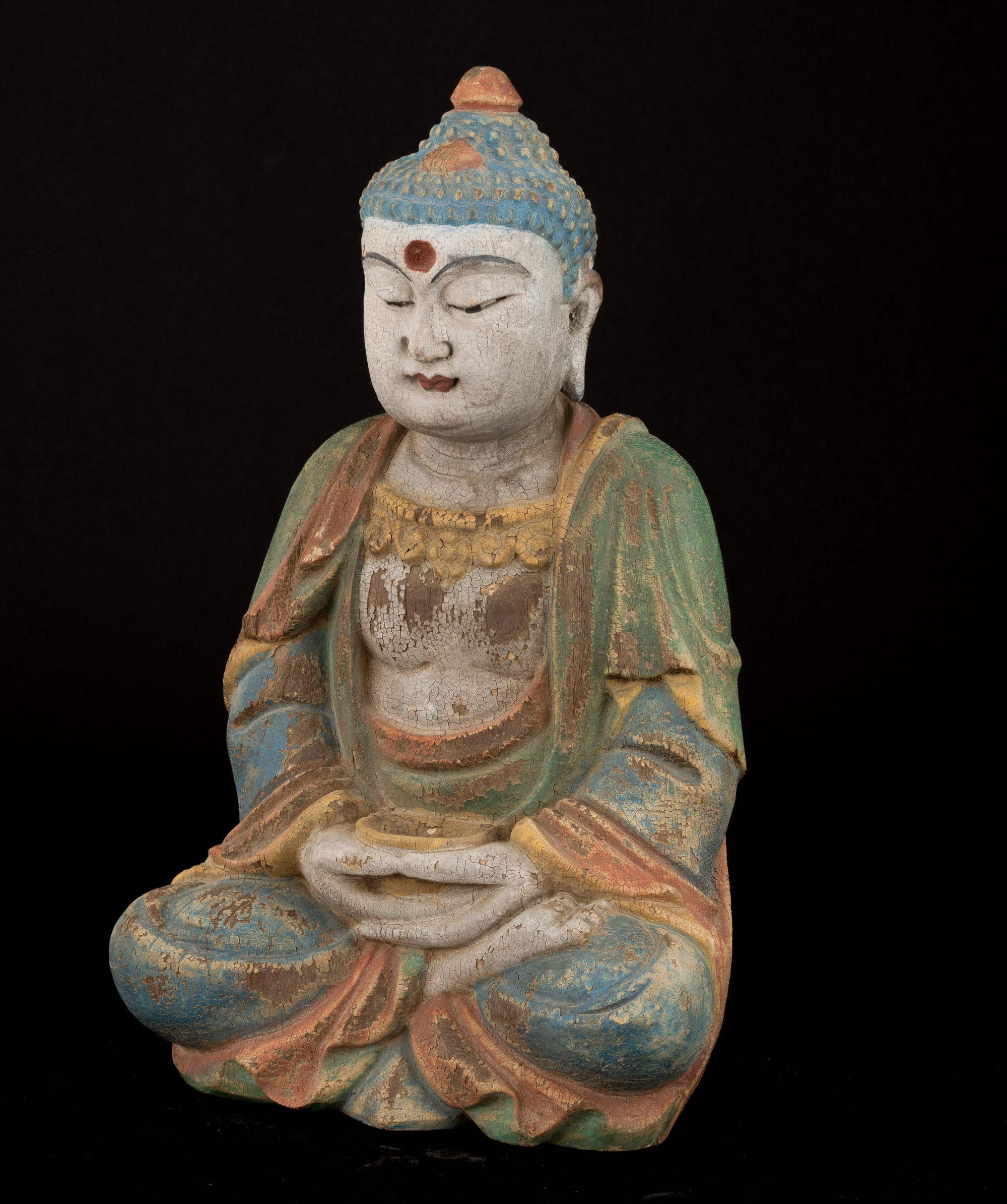 Figura di Buddha Amitayus in Legno Policromo, Tibet, XIX Secolo