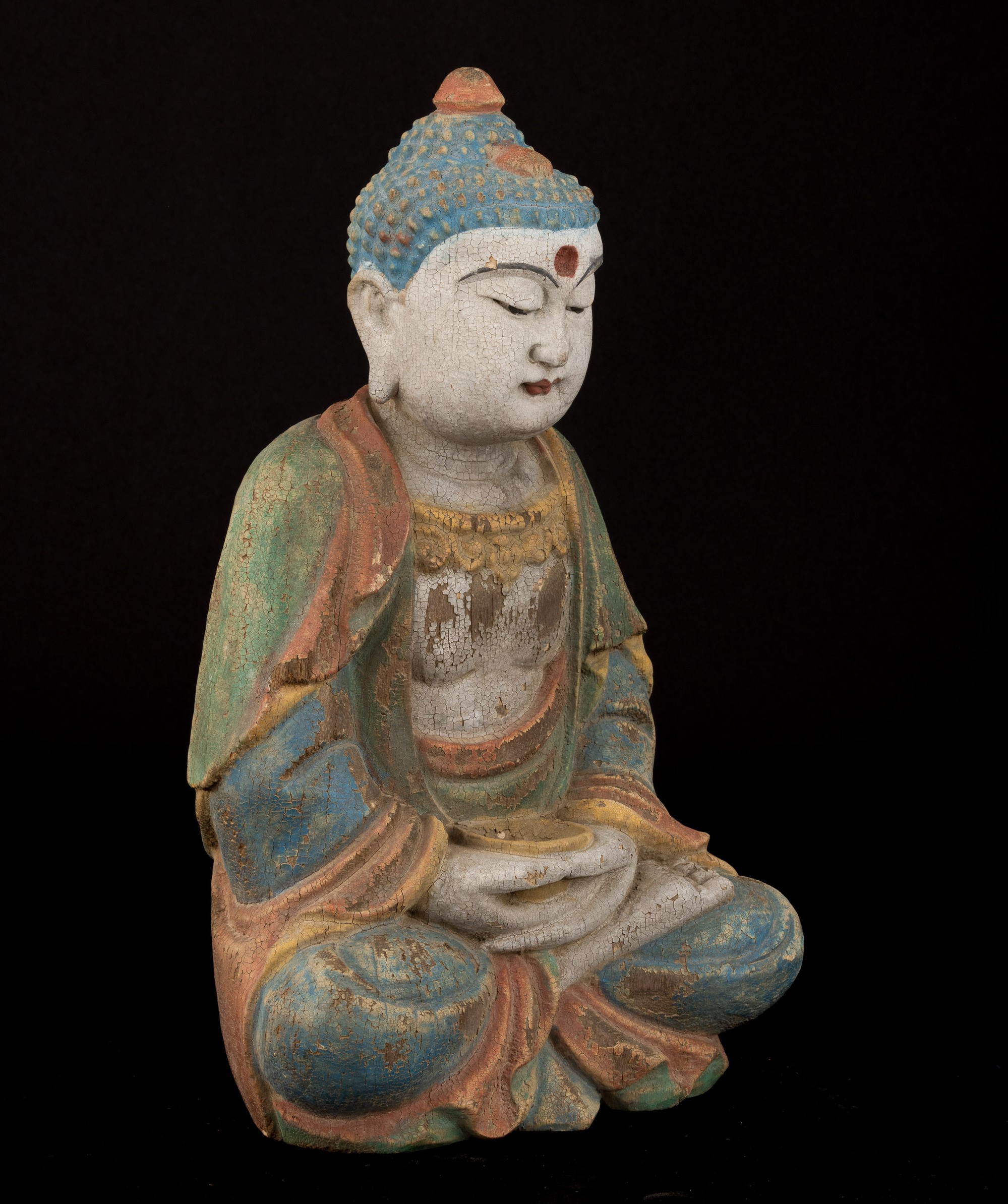 Figura di Buddha Amitayus in Legno Policromo, Tibet, XIX Secolo