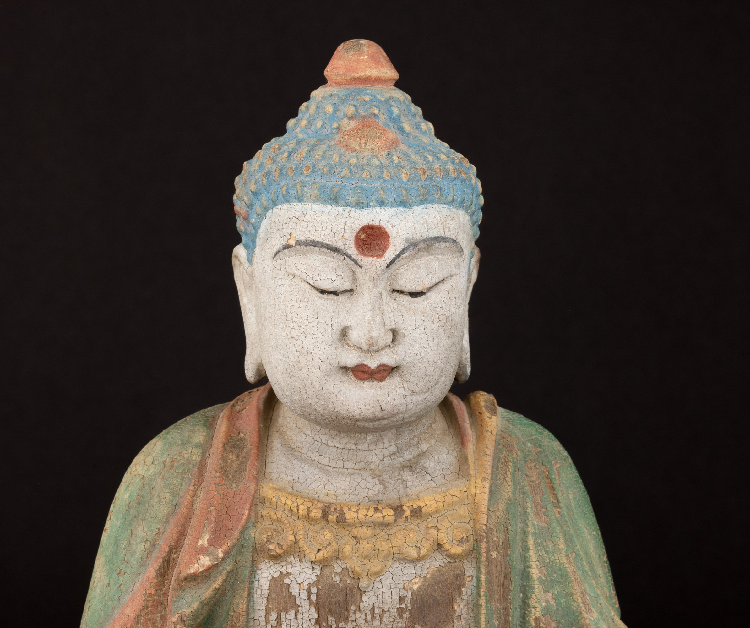 Figura di Buddha Amitayus in Legno Policromo, Tibet, XIX Secolo