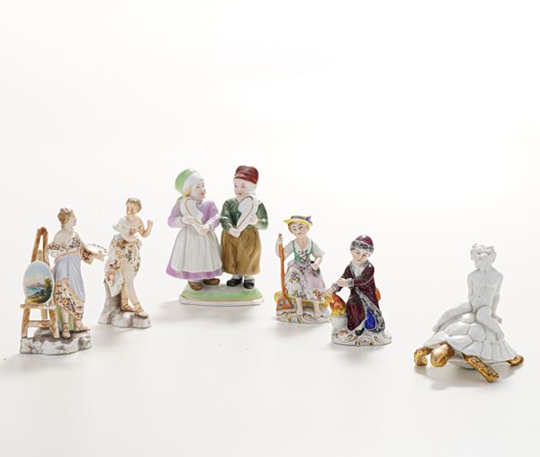 Sei figurine. Doccia, Manifattura Ginori e Turingia, Manifattura di Rudolstadt, XX secolo.