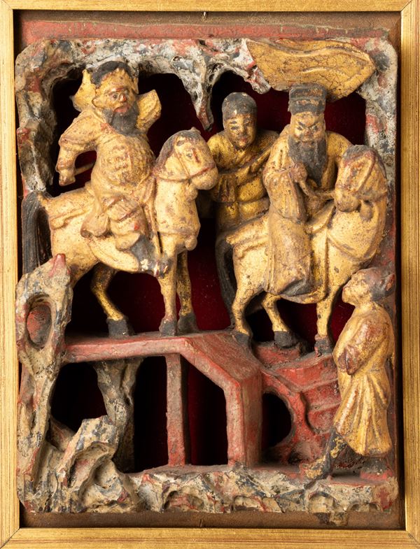 Pannello intagliato raffigurante scena di vita comune con cornice , Canton, Cina, XIX secolo