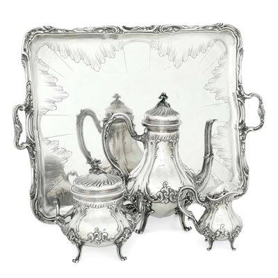 Émile Puiforcat e Edmond Tetard, Servizio da caffè con vassoio in argento (Parigi, XIX-XX secolo)