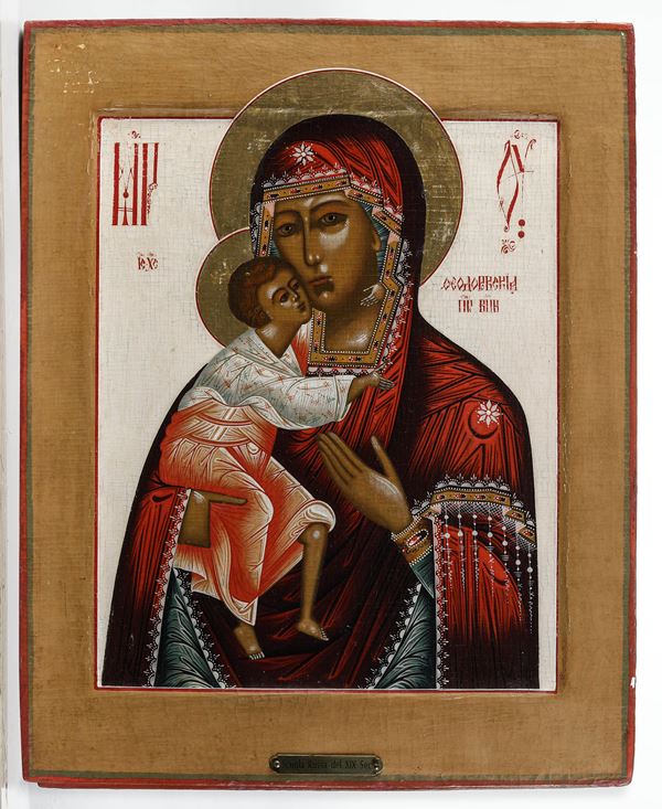 Icona tempera su tavola raffigurante Madonna con Bambino. Russia XIX-XX secolo