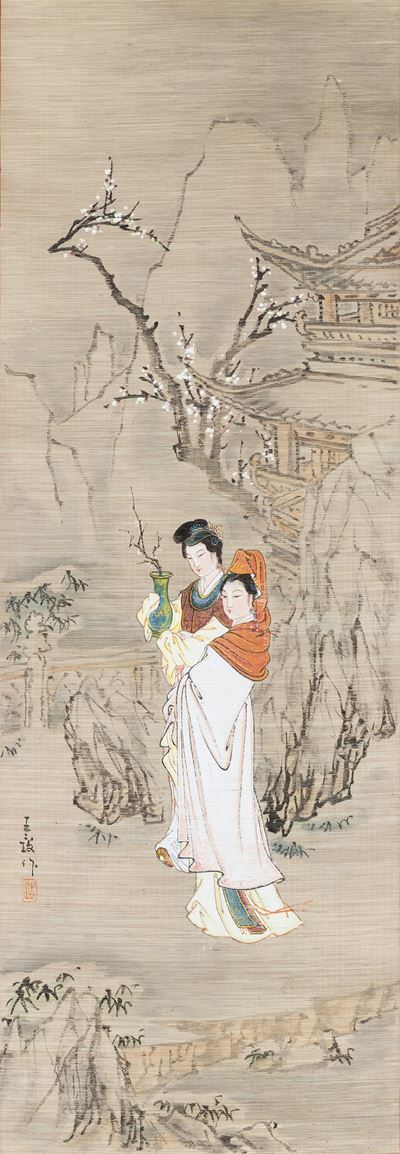 Dipinto su Carta Raffigurante Fanciulle e Paesaggio Montano con Iscrizioni, Cina, XIX Secolo