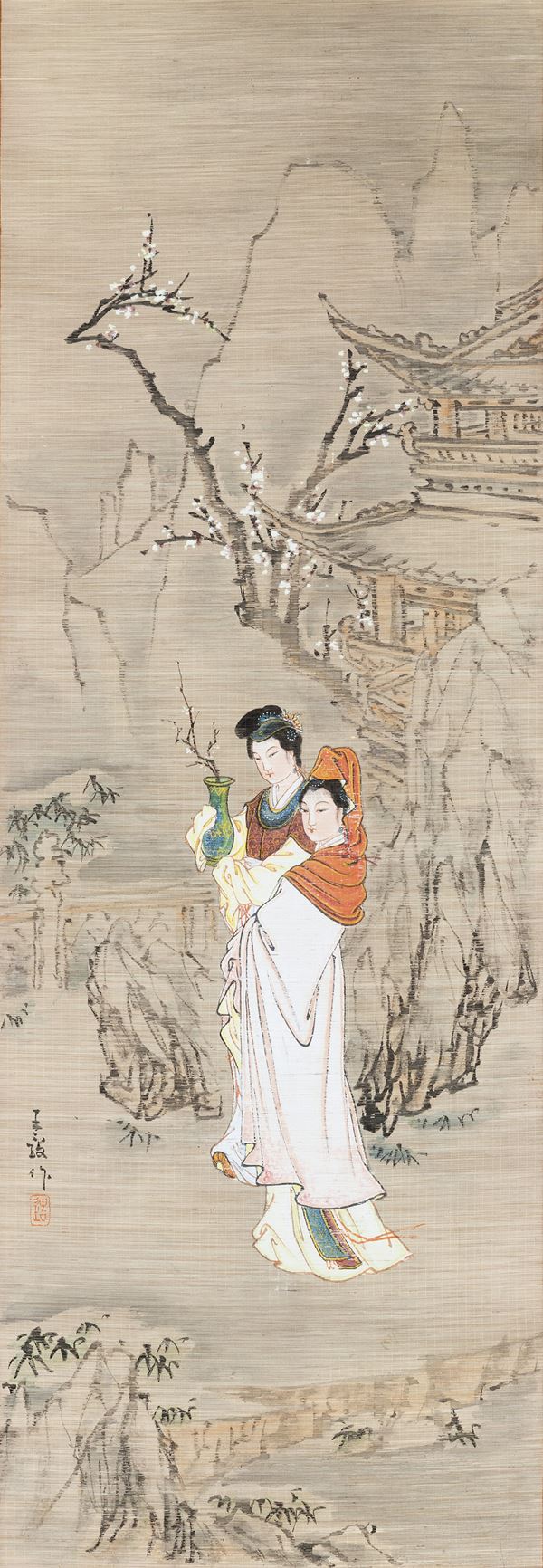 Painting on paper depicting maidens and mountain landscape with inscriptions, China, 19th century