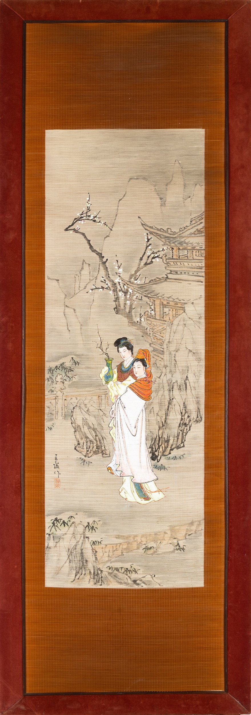 Dipinto su Carta Raffigurante Fanciulle e Paesaggio Montano con Iscrizioni, Cina, XIX Secolo