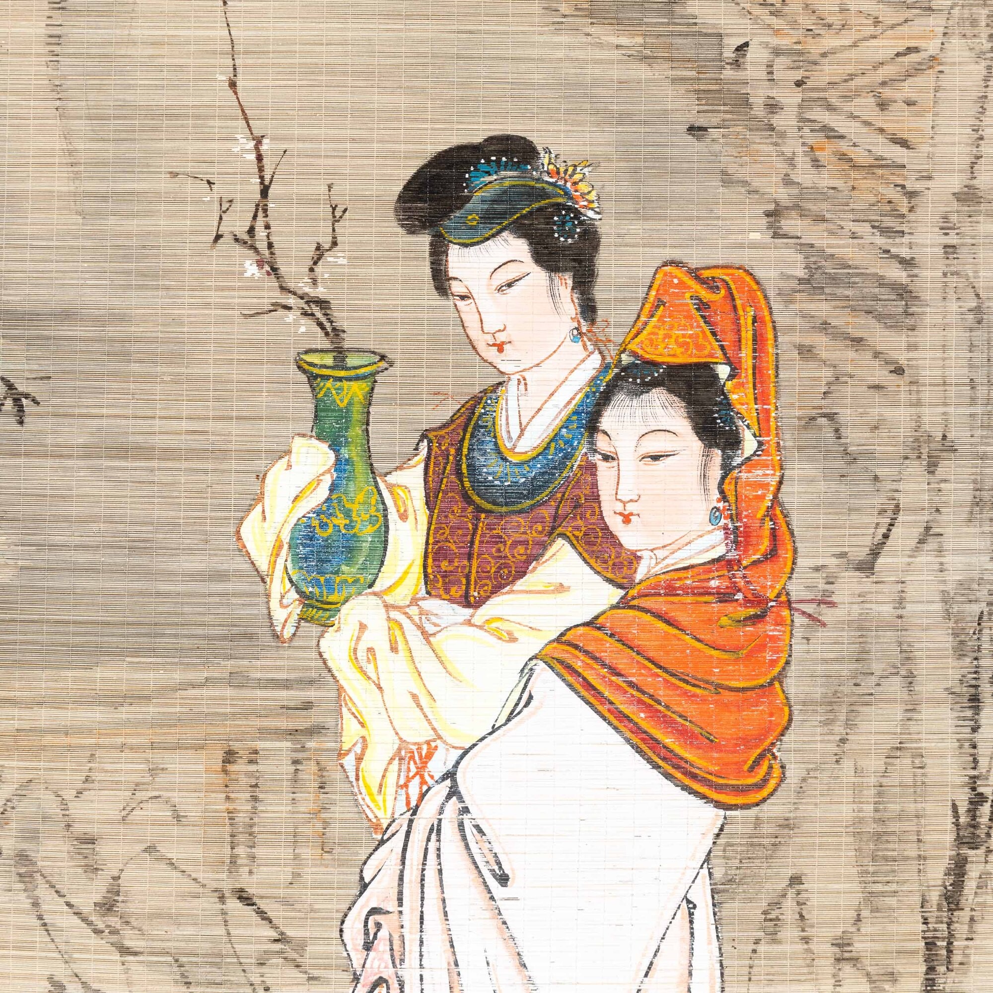 Dipinto su Carta Raffigurante Fanciulle e Paesaggio Montano con Iscrizioni, Cina, XIX Secolo