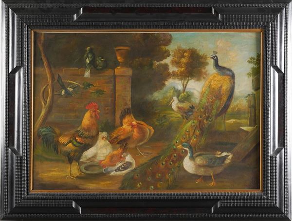 Scuola del XIX secolo Veduta di giardino con pavone, anatra e gallinacei