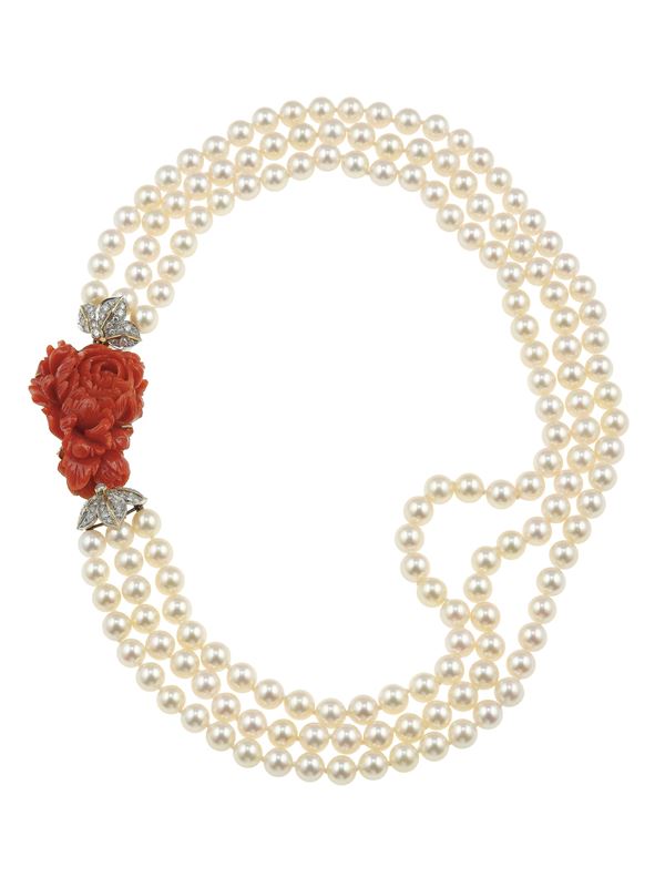 Cultured pearl, coral and diamnd necklace