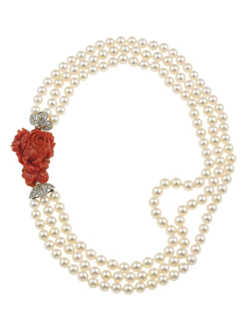 Cultured pearl, coral and diamnd necklace  - Auction Fine Jewellery - Cambi Casa d'Aste