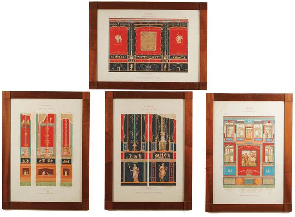 Quattro stampe moderne raffiguranti domus romane entro cornici in legno