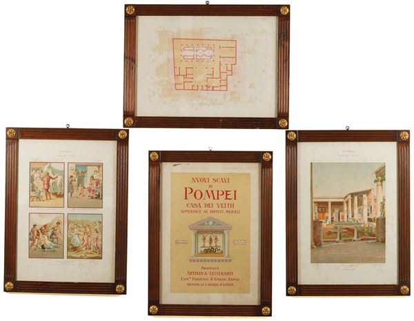 Quattro stampe moderne raffiguranti scavi di Pompei