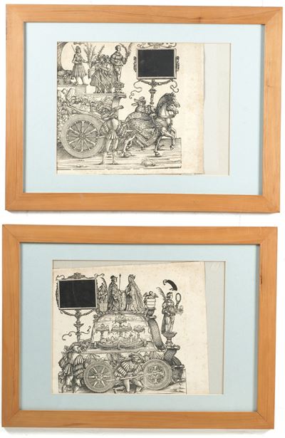 Hans Burgkmair e Altri (secolo XVI) Due Fogli Provenienti dalla Serie Monumentale di Incisioni Xi...