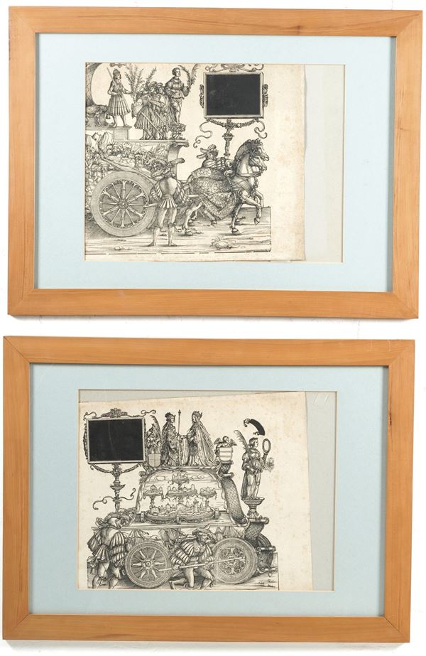 Hans Burgkmair e altri (secolo XVI)  Due fogli provenienti dalla serie monumentale di incisioni xilografiche commissionata dall'imperatore Massimiliano I d'Asburgo 