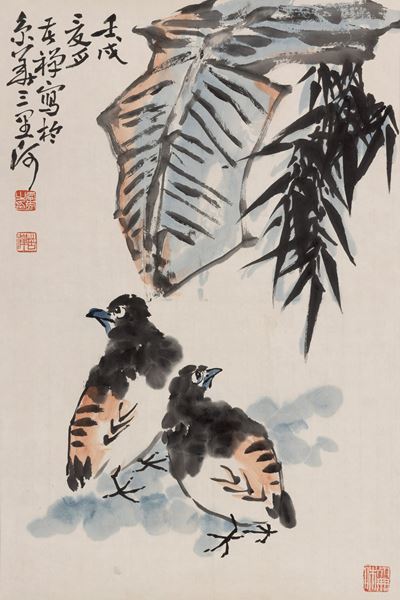 Scroll su Carta con Due Figure di Uccelli e Iscrizioni Titolato "zhu Niao", Scuola di Li Ku Chan,...