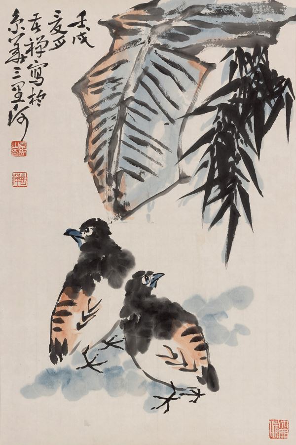 Scroll su carta con due figure di uccelli e iscrizioni titolato "Zhu Niao",  Scuola di Li Ku Chan, Cina, XX secolo Zhu Niao