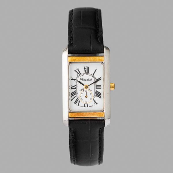 Philippe Watch Tank, acciaio e oro, quadrante bianco con secondi al sei, 27,5x22 mm