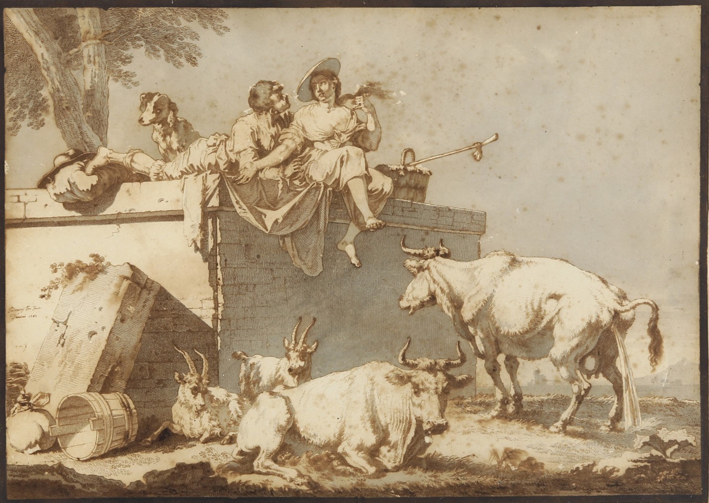 Pietro Giacomo Palmieri - Paesaggi con contadini a riposo e armenti, penna, inchiostro bruno e ac...