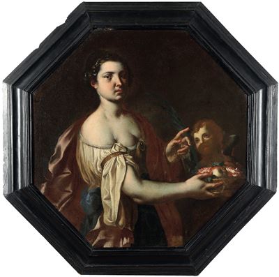 Scuola Romana del XVII Secolo Fanciulla con Cesto di Frutti e Fiori