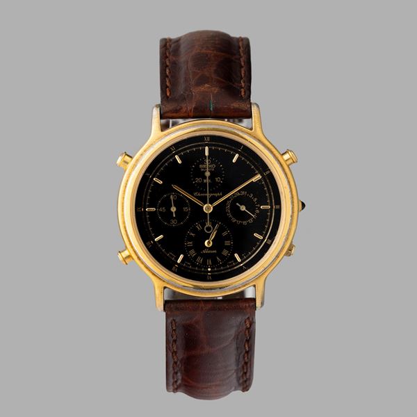 Chronograph in acciaio laminato, quadrante nero con numeri Romani, movimento al quarzo, 37 mm
