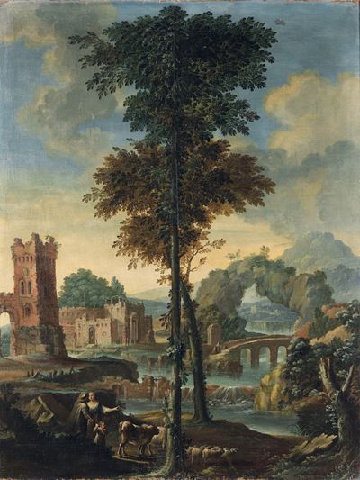 Paesaggio fluviale con figure di contadini, olio su tela
