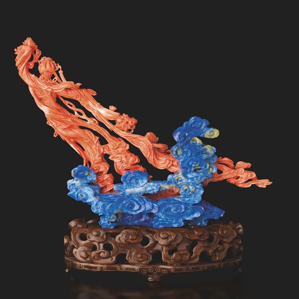 Lapis and red coral figure depicting maidens, China, Qing Dynasty, 19th century