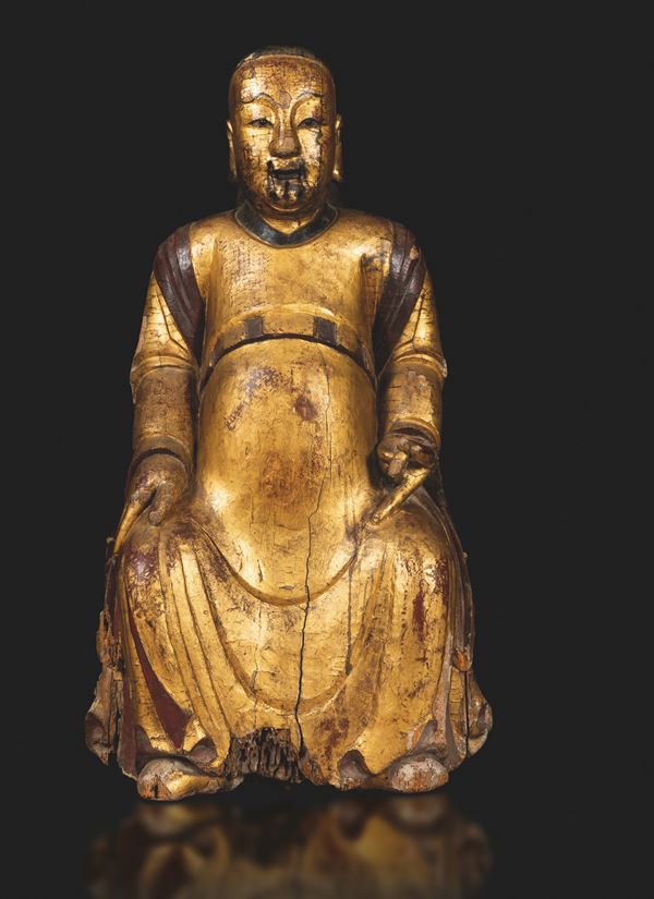 Importante e grande figura di dignitario in legno dorato, Cina, Dinastia Qing, epoca Kangxi (1662-1722)