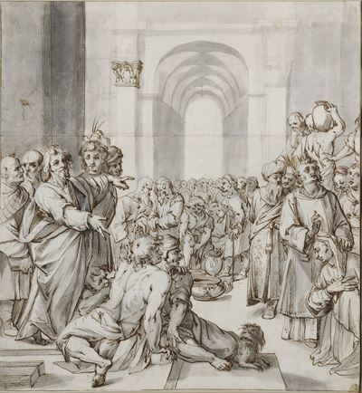 Artista tedesco attivo a Roma nel 1590, Elemosina di san Lorenzo, penna, inchiostro bruno e acque...