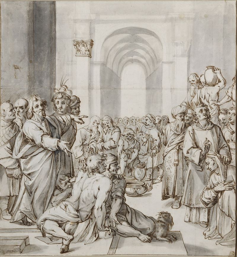 Artista tedesco attivo a Roma nel 1590 Elemosina di san Lorenzo  - penna, inchiostro bruno e acquerello grigio su carta - Auction Antique Drawings - I - Cambi Casa d'Aste