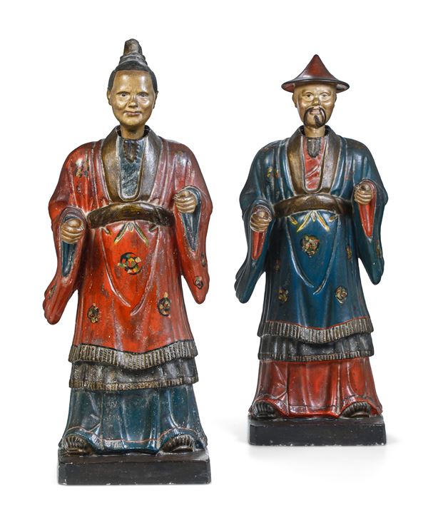 Coppia grandi di magot in stucco dipinto. Piemonte, seconda metà del XVIII secolo