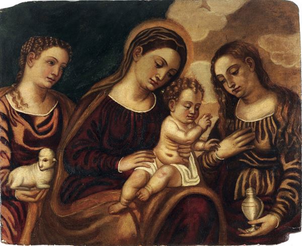 Scuola veneta del XVI secolo Madonna con Bambino, San Giovannino e Santa Agnese