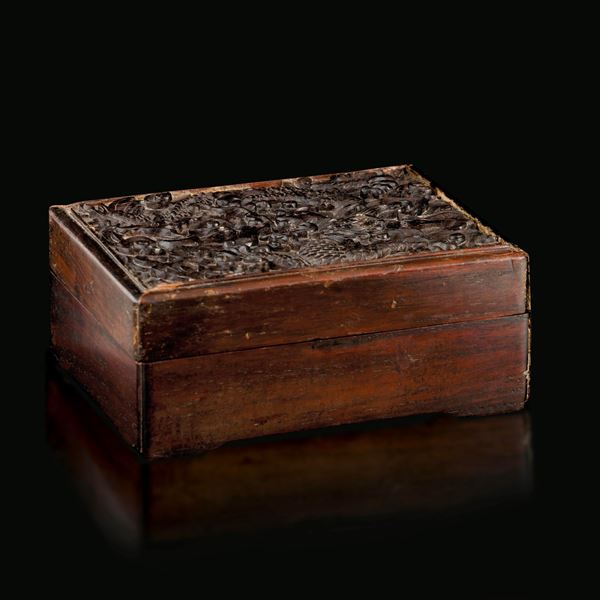 Carved hardwood box with dragon in the clouds, China, Qing Dynasty