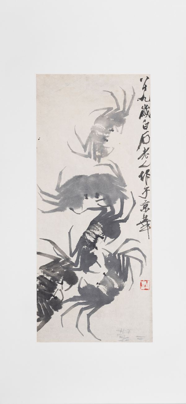 Scroll su carta titolato "Granchi", Qi Baishi, inchiostro su carta, iscritto e firmato con un sigillo dell'artista, Cina, XX secolo