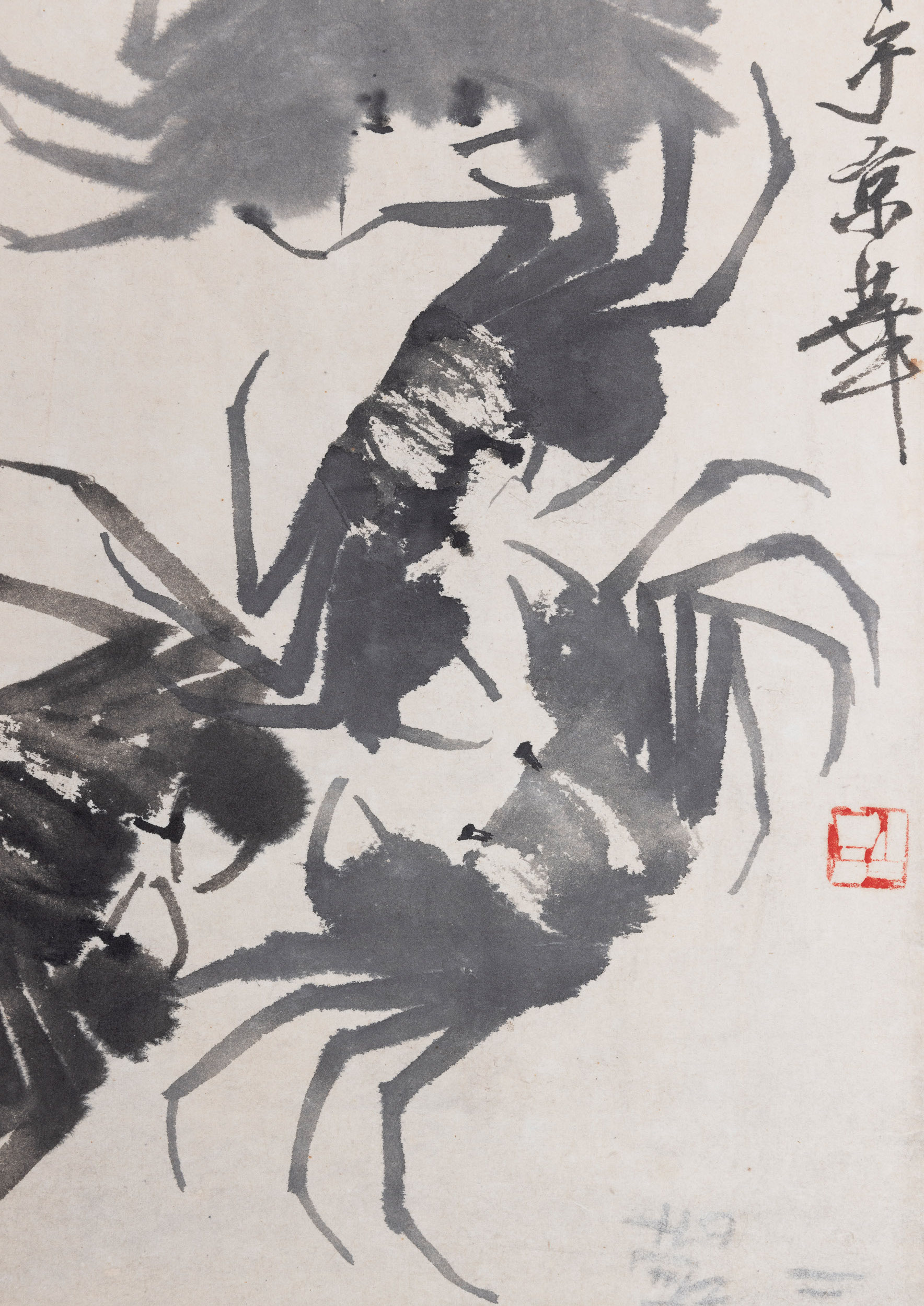 Scroll su Carta Titolato "granchi", Qi Baishi, Inchiostro su Carta, Iscritto e Firmato con un Sig...